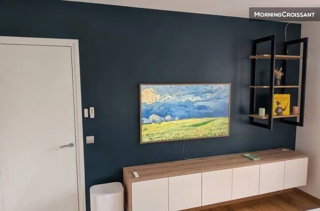Séjour avec rangements et mur sombre